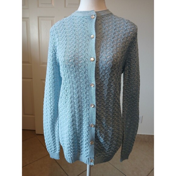 VTG BRITISH VOGUE CARDIGAN SWEATER WOMENS SMALL BLUE KNIT LACED BUTTON UP - Picture 1 of 16